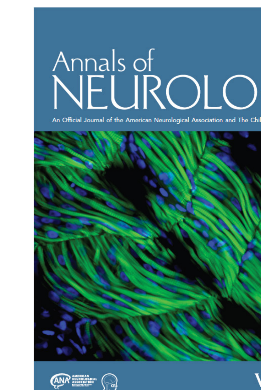 Annals of Neurology 2020 cover with green and blue fluorescence microscopy of TNNT1-deficient zebrafish muscle